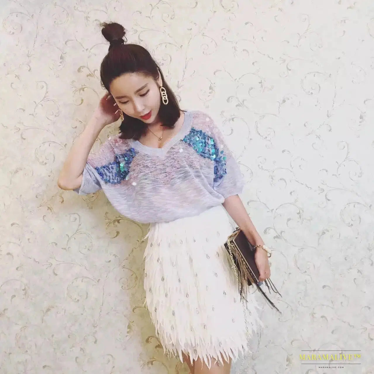 Feather Skirt: Handmade Diamond Beaded Bohemian Bag Hips Short Skirt - Spring & Autumn Collection