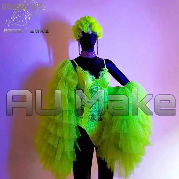 Female Singer Bar Gogo Performance Clothes Sexy One Piece Fluorescent Green Bikini Lace Big Sleeve Coat DS Costume Sexy Suit