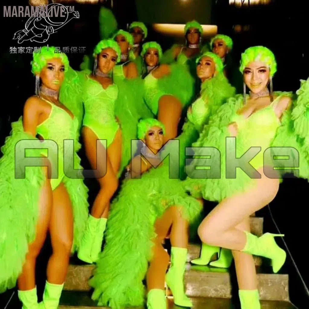 Female Singer Bar Gogo Performance Clothes Sexy One Piece Fluorescent Green Bikini Lace Big Sleeve Coat DS Costume Sexy Suit