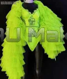 Female Singer Bar Gogo Performance Clothes Sexy One Piece Fluorescent Green Bikini Lace Big Sleeve Coat DS Costume Sexy Suit