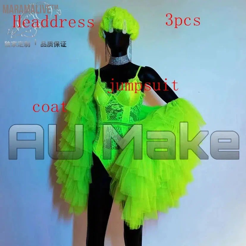 Female Singer Bar Gogo Performance Clothes Sexy One Piece Fluorescent Green Bikini Lace Big Sleeve Coat DS Costume Sexy Suit