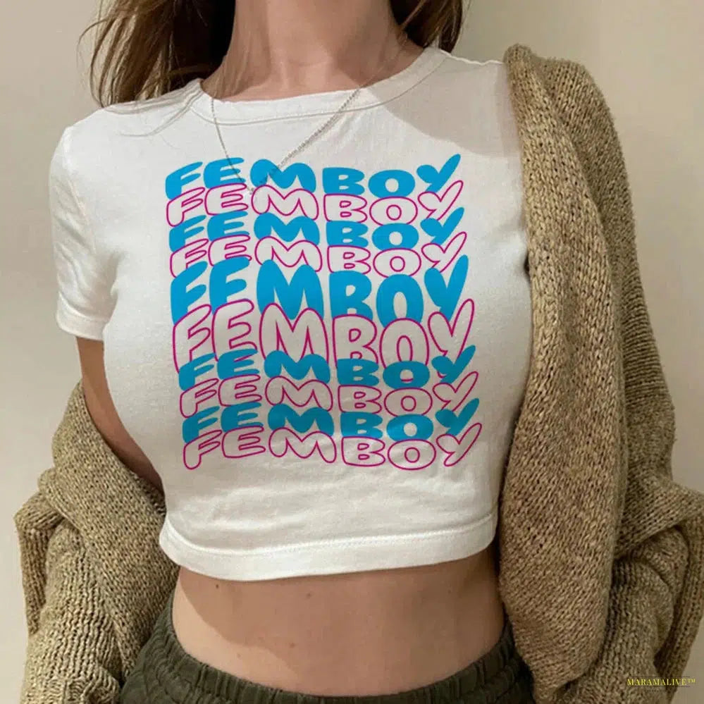 Femboy Y2k Crop Top Women T Shirt 2000s Baby Tees Aesthetic Clothes Gothic 90s Punk Funny Cropped Streetwear Female