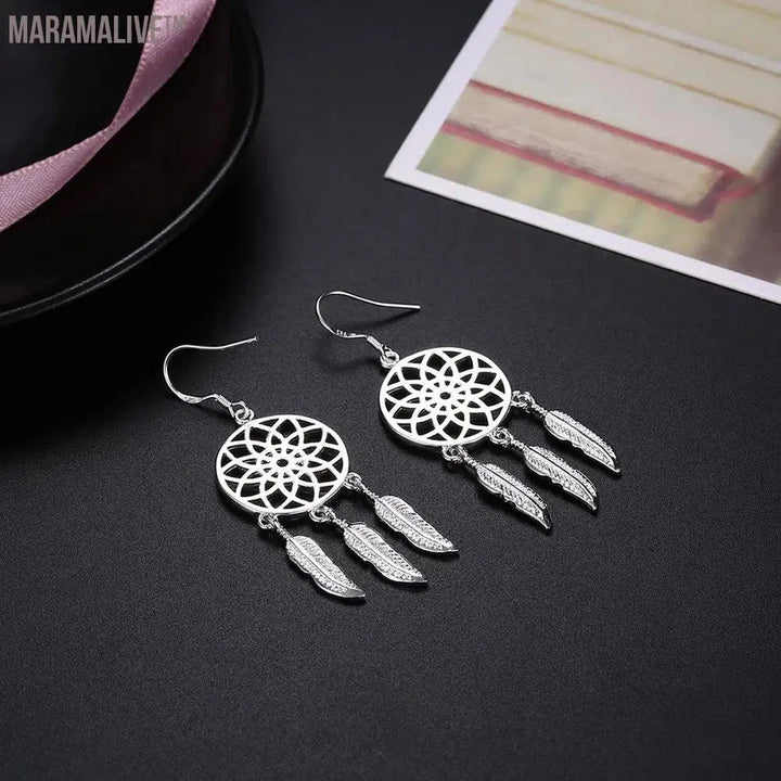 Fine Cute 925 Sterling Silver Fine Dream Catcher Feathers Earrings for Woman Fashion Designer Party Wedding Jewelry Gifts