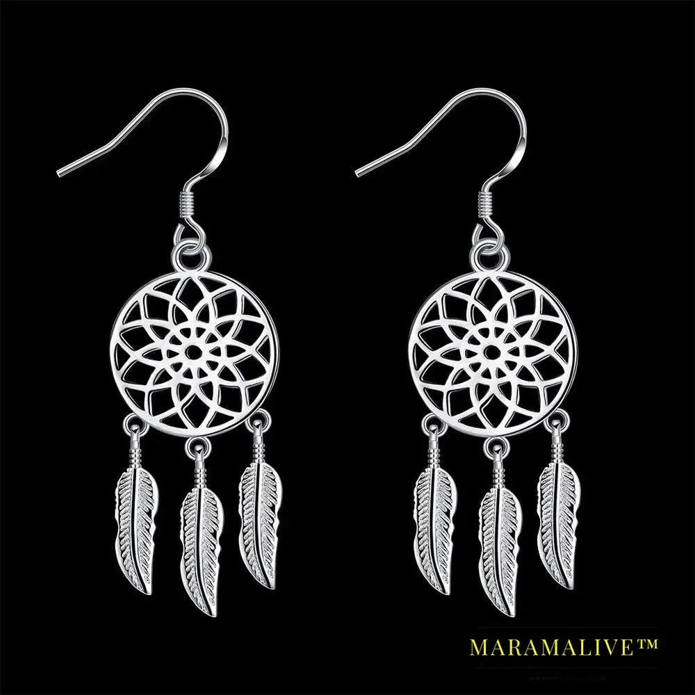 Fine Cute 925 Sterling Silver Fine Dream Catcher Feathers Earrings for Woman Fashion Designer Party Wedding Jewelry Gifts