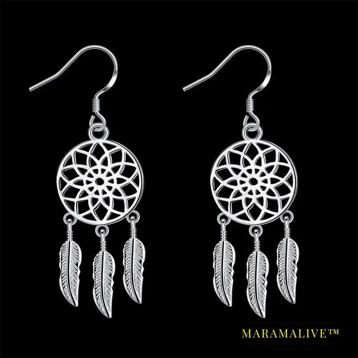 Fine Cute 925 Sterling Silver Fine Dream Catcher Feathers Earrings for Woman Fashion Designer Party Wedding Jewelry Gifts