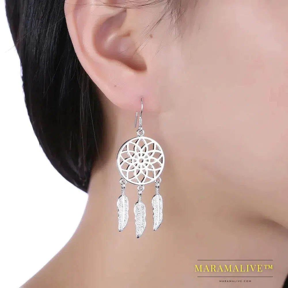 Fine Cute 925 Sterling Silver Fine Dream Catcher Feathers Earrings for Woman Fashion Designer Party Wedding Jewelry Gifts