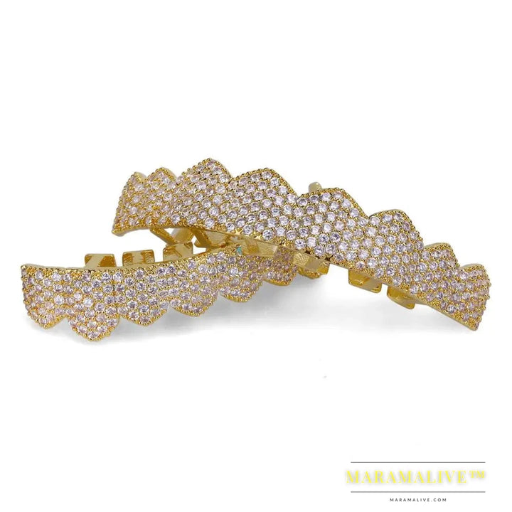 Fit Gold Silver Color Iced Out Hip Hop Teeth Grillz Micro Pave Cubic Zircon Top & Bottom Teeth Grills Set