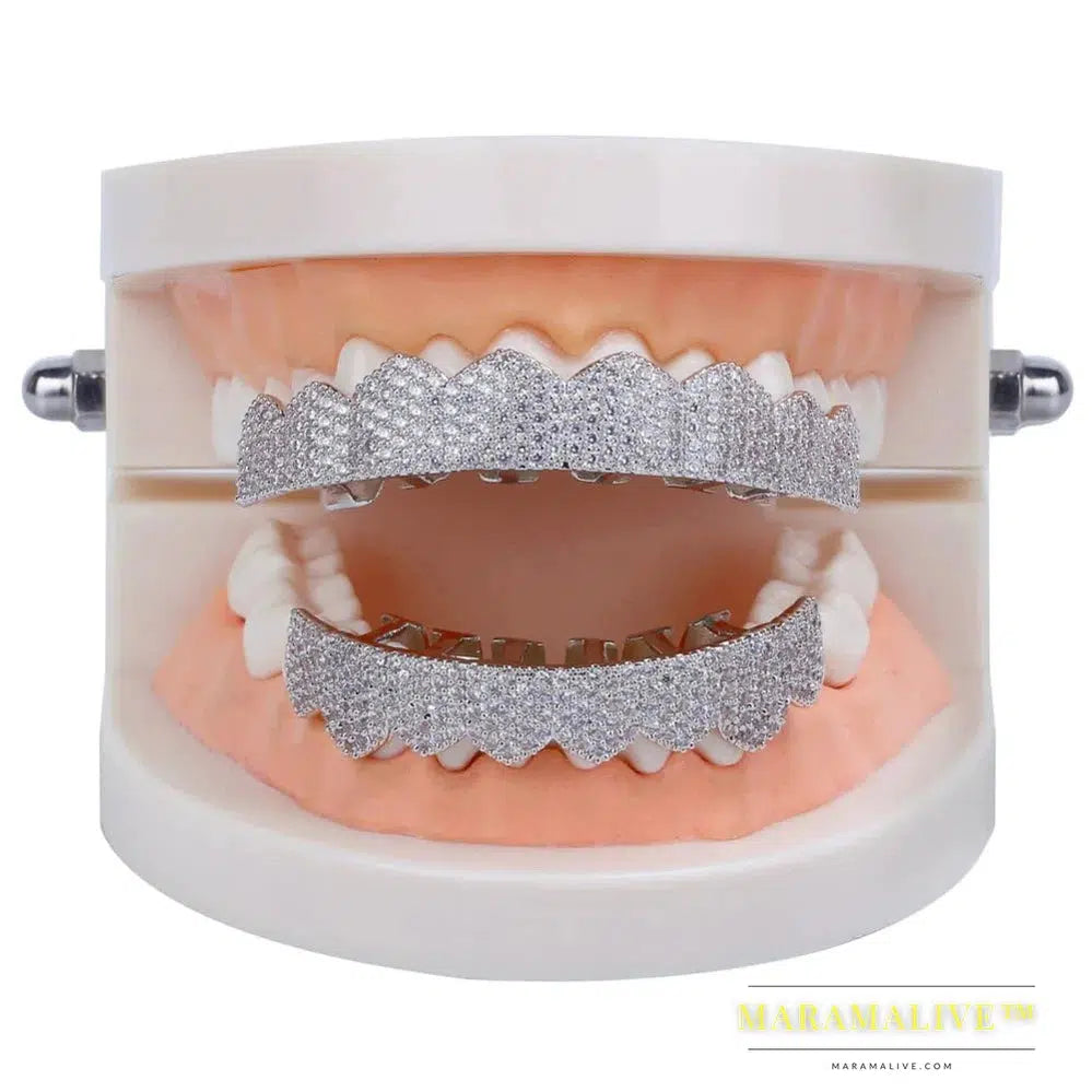 Fit Gold Silver Color Iced Out Hip Hop Teeth Grillz Micro Pave Cubic Zircon Top & Bottom Teeth Grills Set