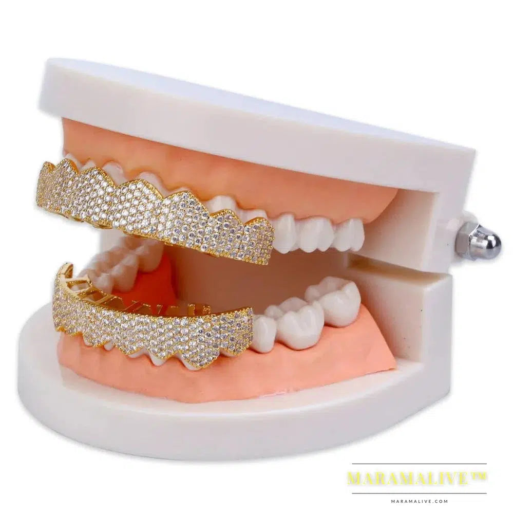 Fit Gold Silver Color Iced Out Hip Hop Teeth Grillz Micro Pave Cubic Zircon Top & Bottom Teeth Grills Set