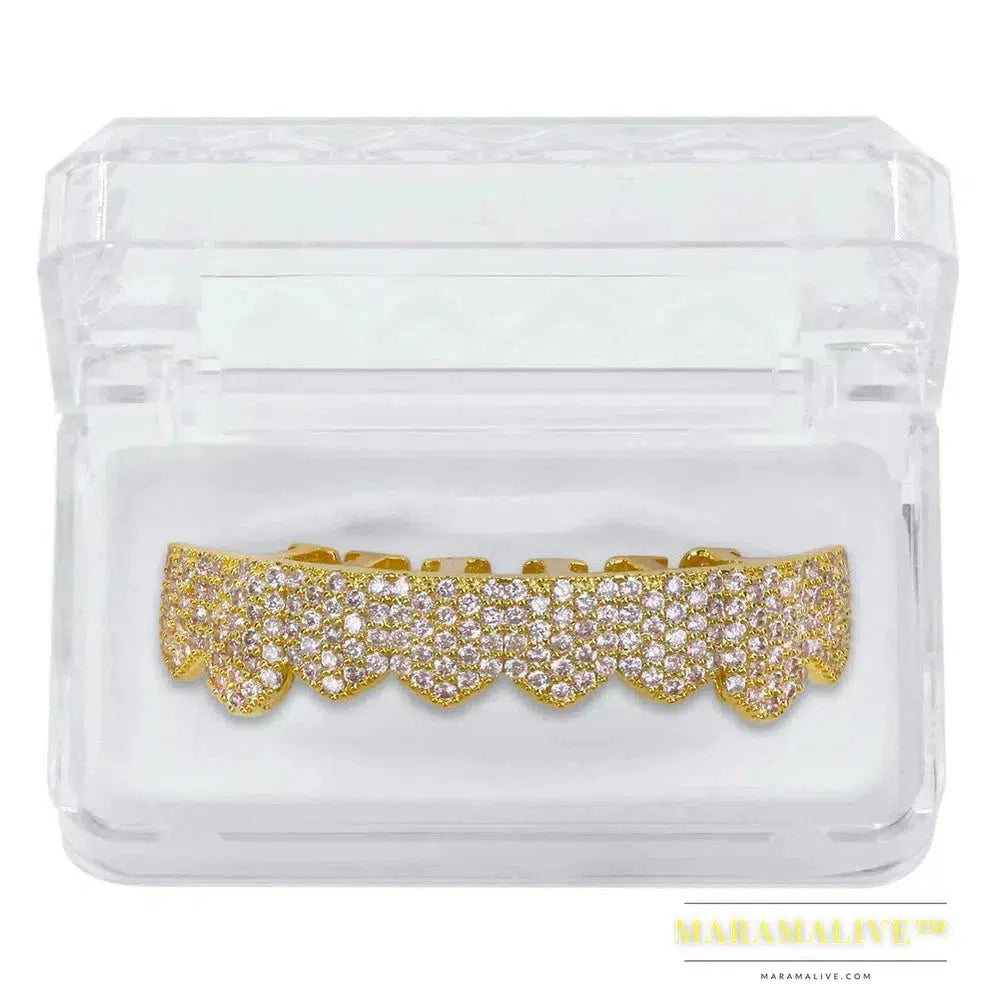 Fit Gold Silver Color Iced Out Hip Hop Teeth Grillz Micro Pave Cubic Zircon Top & Bottom Teeth Grills Set