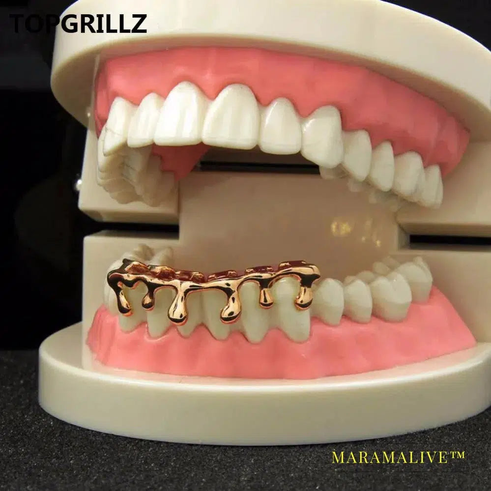 Fit Light Yellow Gold Color Rose Plated Hip Hop Teeth Drip Grillz Caps Lower Bottom Grill Silver Color Grills