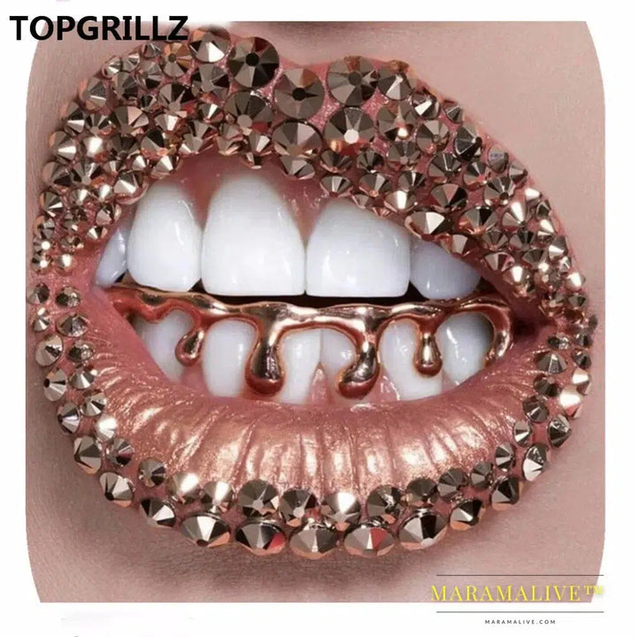 Fit Light Yellow Gold Color Rose Plated Hip Hop Teeth Drip Grillz Caps Lower Bottom Grill Silver Color Grills