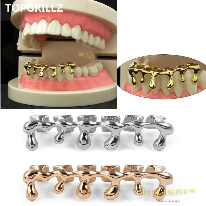 Fit Light Yellow Gold Color Rose Plated Hip Hop Teeth Drip Grillz Caps Lower Bottom Grill Silver Color Grills