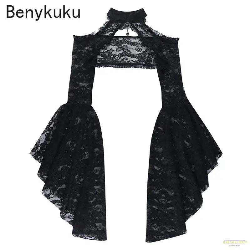 Flare Sleeve Lace Top Shrug Gothic Style Dark Waistcoat Women Round Neck Off-Shoulder Coat Goth Clothes Y2k Cropped Tops