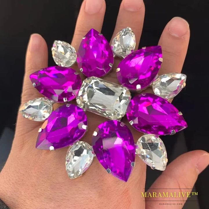 Flower Exaggerated Finger Rings Women Hand Decoration Adjustable Jewelry Bling Purple Rhinestone Open Ring Party Club