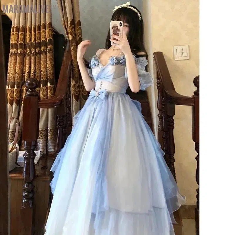 Flower Wedding Lolita Dress Light Gradient Blue Rose Fairy Princess Kawaii Sweet Elegant Lolitas Tea Party Dresses Victorian