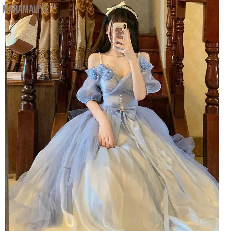 Flower Wedding Lolita Dress Light Gradient Blue Rose Fairy Princess Kawaii Sweet Elegant Lolitas Tea Party Dresses Victorian