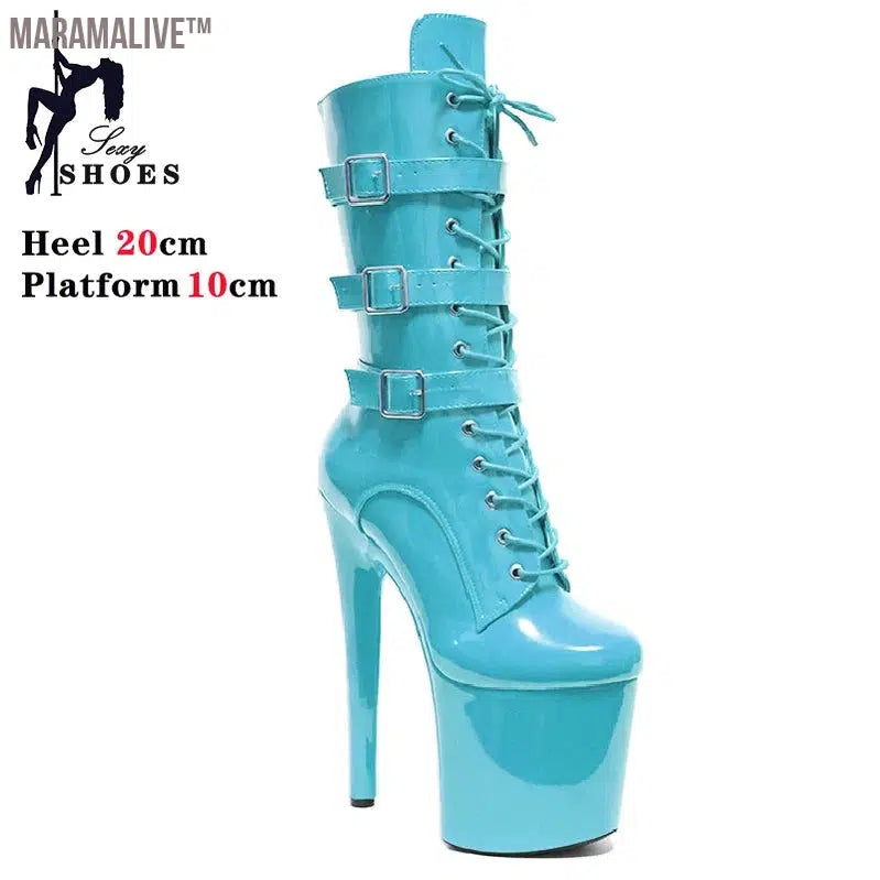 Fluorescent Blue Fashionable Women's Ankle Boots with Round Toe Side Zip Short Boots for Pole Dance Platform Heels Three Belt Buckle