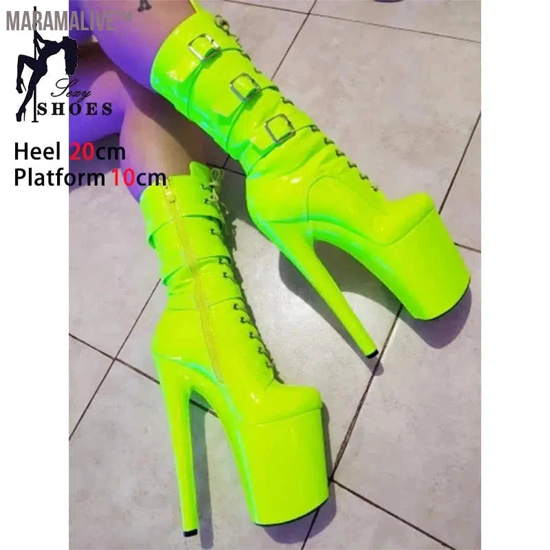 Fluorescent Green Fashionable Women's Ankle Boots with Round Toe Side Zip Short Boots for Pole Dance Platform Heels Three Belt Buckle