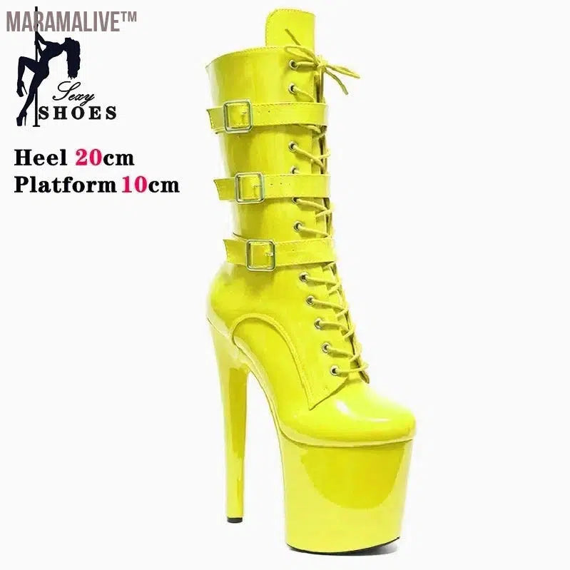 Fluorescent Yellow Fashionable Women's Ankle Boots with Round Toe Side Zip Short Boots for Pole Dance Platform Heels Three Belt Buckle