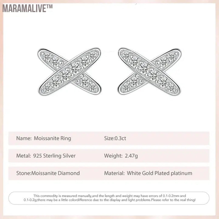 Follow Cloud 0.3ct Real Moissanite Diamond Stud Earrings for Women Cross Wedding Sparkling 925 Silver Simulated Diamond Ear Stud