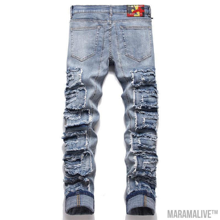 Foreign Trade Style Punk Trendy Blue With Holes Slim Stretch Hole Patch Pencil Pants Men's Jeans