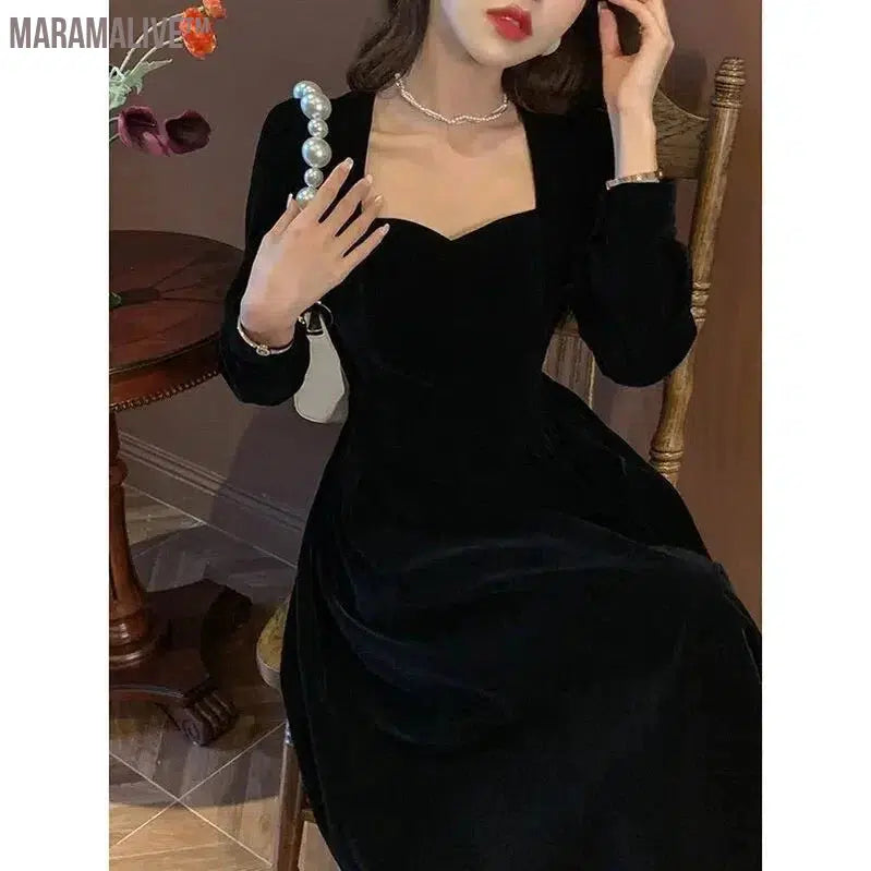 French Black Dress Velvet Dresses Women 2024 Spring and Fall New Waisted Fairy Style Dress Female High Class Elegant Party Dress