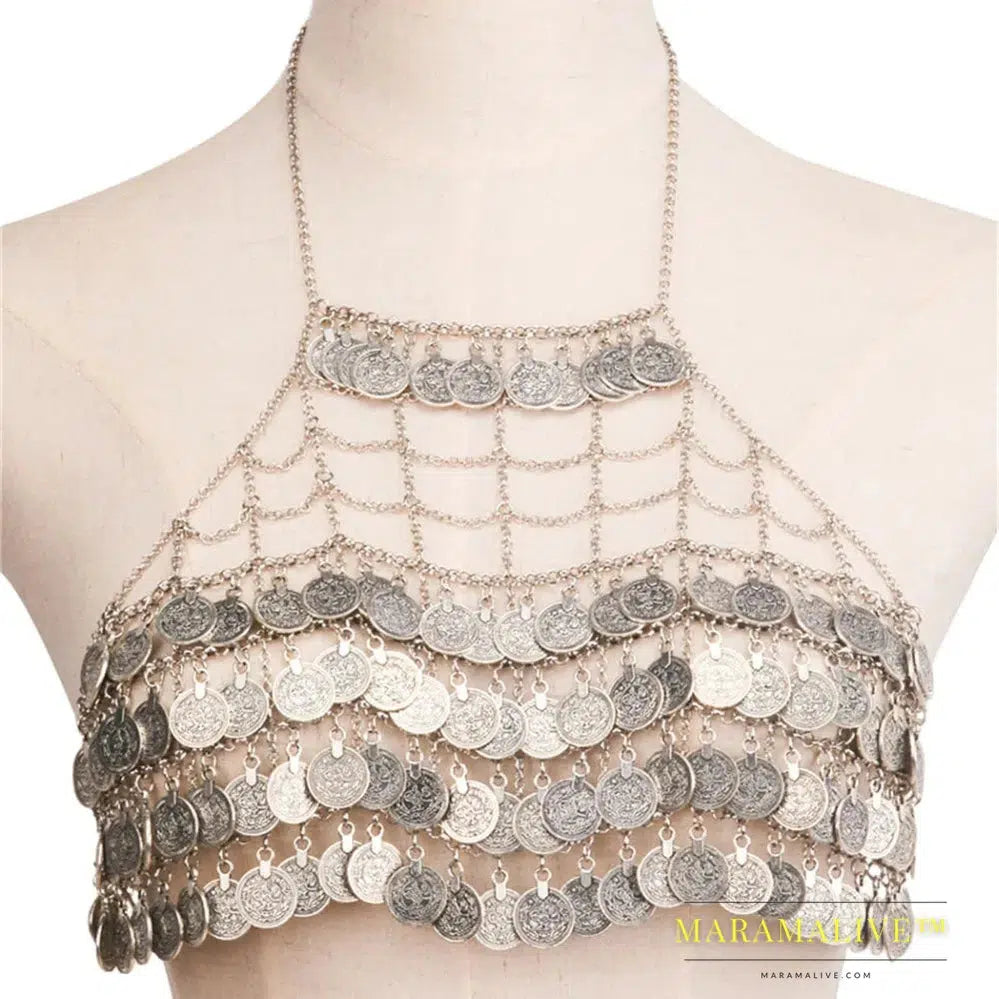 Full Coins Tassel Chest Chain For Summer Beach Party Bohemian Gypsy Afghan Ethnic Slave Harness Underwear Bra Sexy Body Jewelry