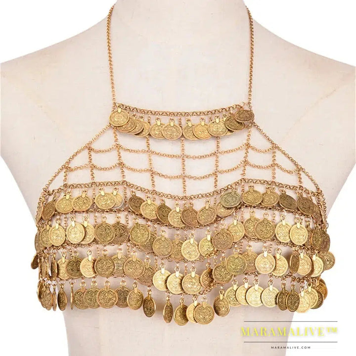 Full Coins Tassel Chest Chain For Summer Beach Party Bohemian Gypsy Afghan Ethnic Slave Harness Underwear Bra Sexy Body Jewelry