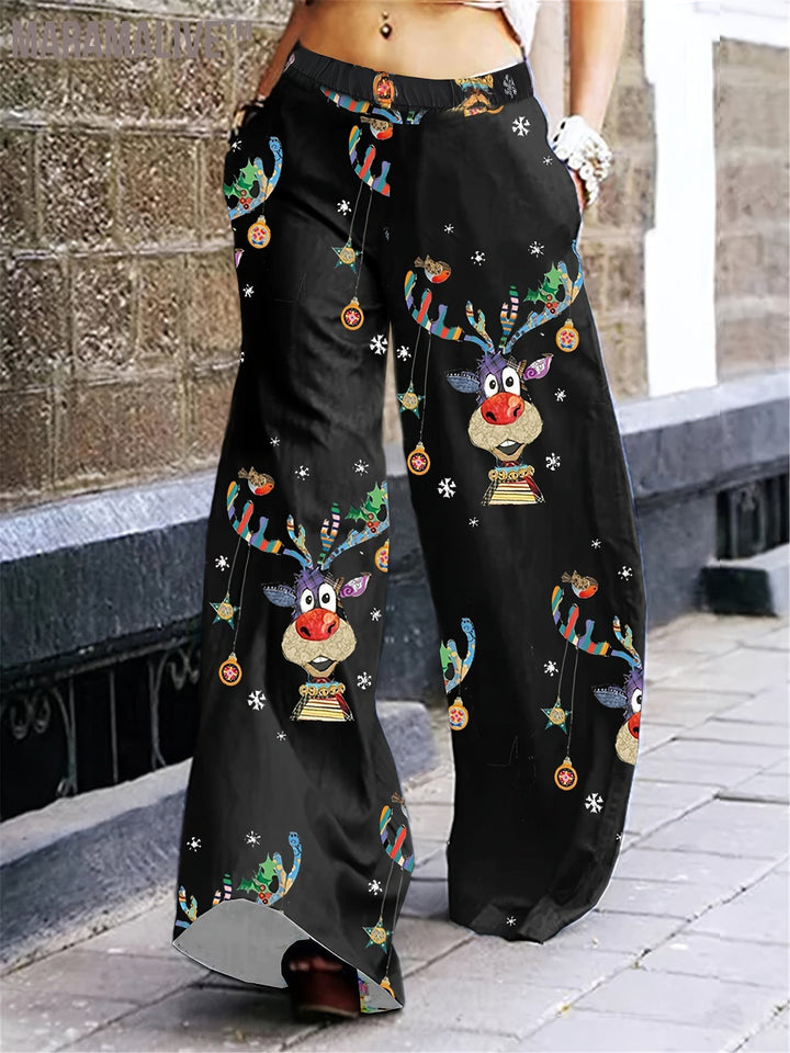 Full Skull Print Wide Leg Pants, Casual Pants For Spring & Fall, Women's Clothing