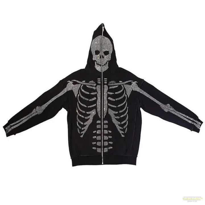 Full Zip Up Hoodie Rhinestone Skeleton Goth Sweatshirt Sport Couple Outfit Black Long Sleeve Oversized Grunge Y2k Hip Hop Jacket