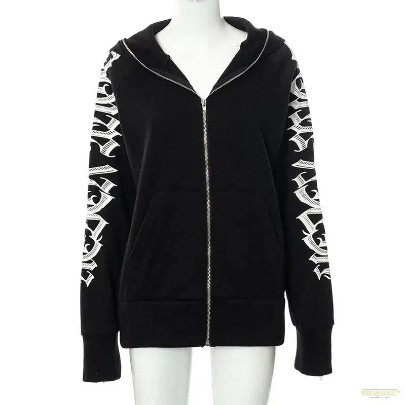 Full Zip Up Hoodie Rhinestone Skeleton Goth Sweatshirt Sport Couple Outfit Black Long Sleeve Oversized Grunge Y2k Hip Hop Jacket