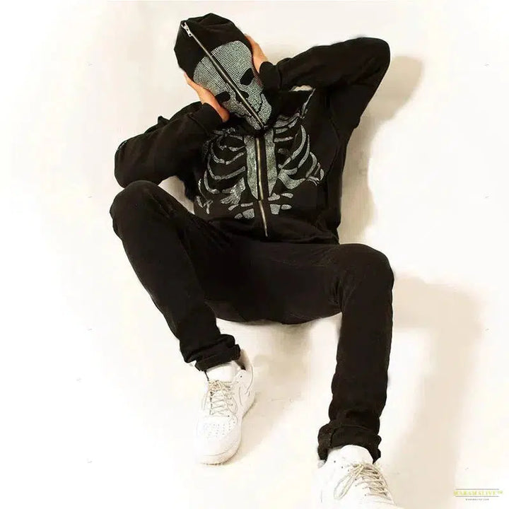 Full Zip Up Hoodie Rhinestone Skeleton Goth Sweatshirt Sport Couple Outfit Black Long Sleeve Oversized Grunge Y2k Hip Hop Jacket