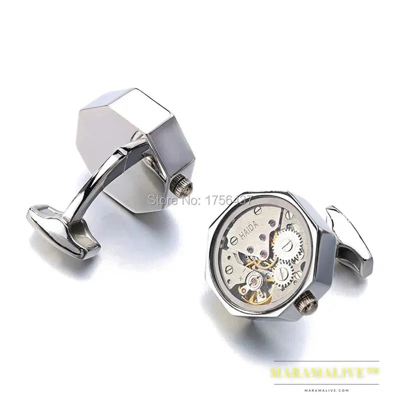 Functional Watch Movement Cufflinks With Glass Stainless Steel Steampunk Gear Watch Mechanism Cufflinks for Mens Relojes gemelos