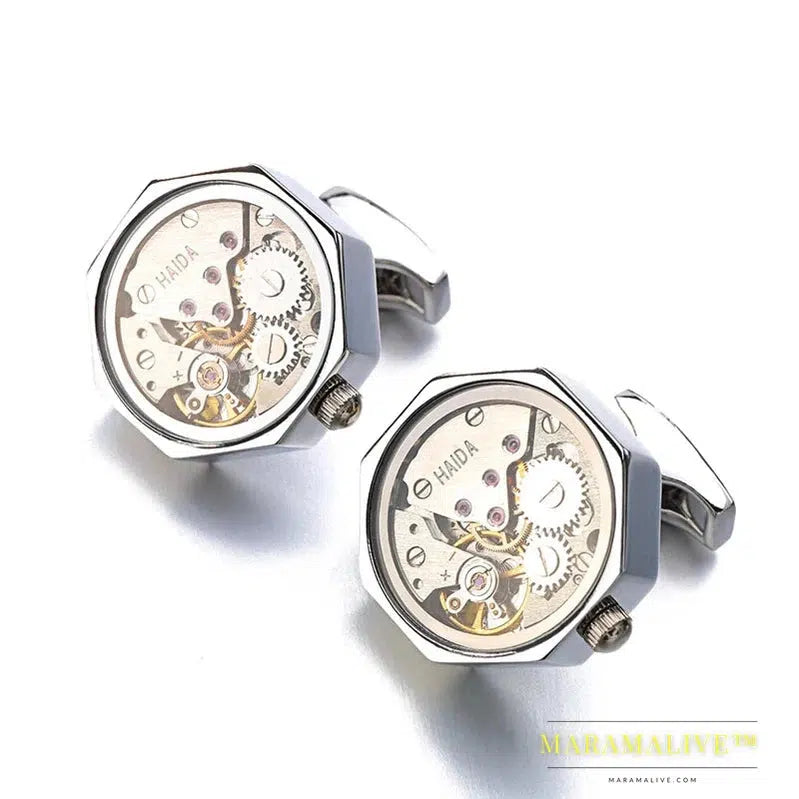 Functional Watch Movement Cufflinks With Glass Stainless Steel Steampunk Gear Watch Mechanism Cufflinks for Mens Relojes gemelos