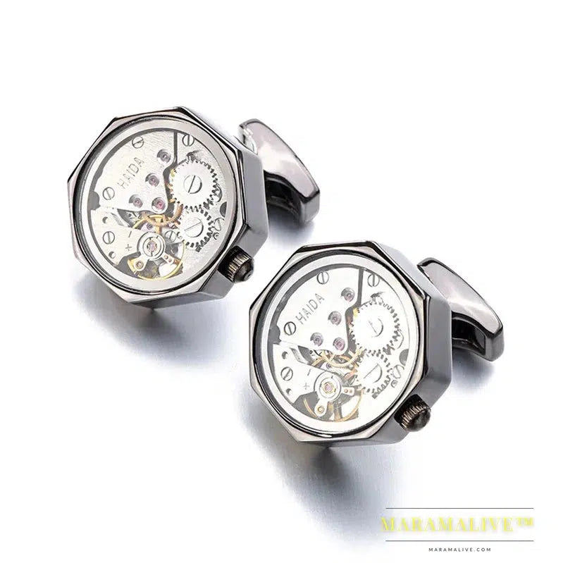 Functional Watch Movement Cufflinks With Glass Stainless Steel Steampunk Gear Watch Mechanism Cufflinks for Mens Relojes gemelos