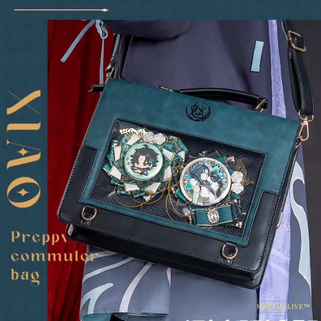 Genshin Impact Wanderer Xiao Theme Cosplay Shoulder Bag - Unique Luxury Designer PU Handbag & Campus Backpack with Metallic God's Eye Embellishment