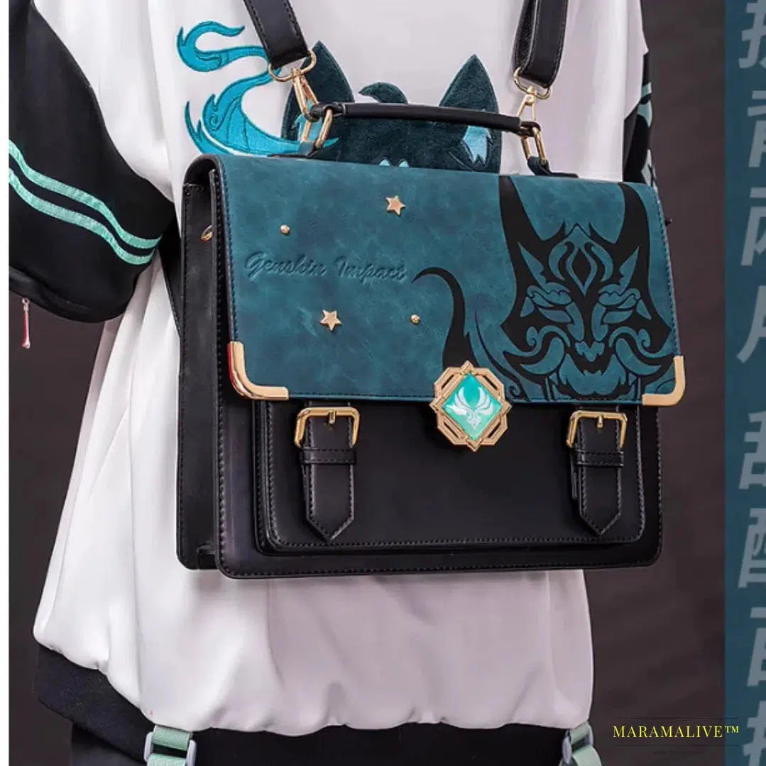 Genshin Impact Wanderer Xiao Theme Cosplay Shoulder Bag - Unique Luxury Designer PU Handbag & Campus Backpack with Metallic God's Eye Embellishment