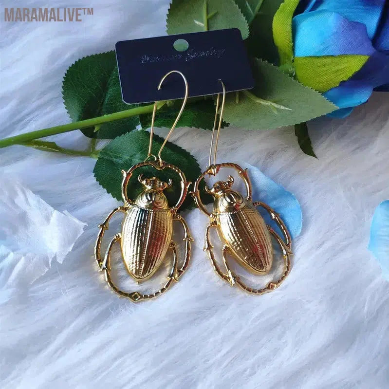 Giant Golden Colour Scarab Beetle Earrings Insect Jewelry Fashion Long Novelty Big Dangle & Drop Women Gift Trend