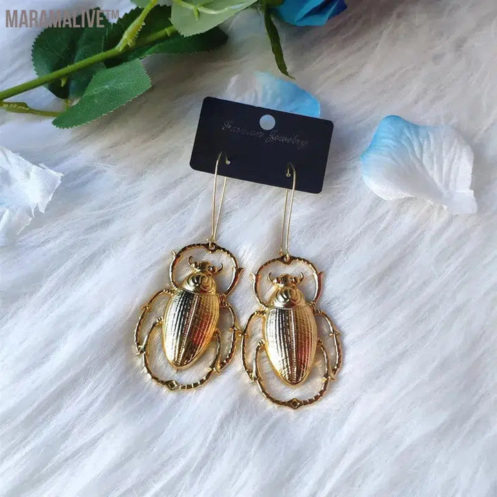 Giant Golden Colour Scarab Beetle Earrings Insect Jewelry Fashion Long Novelty Big Dangle & Drop Women Gift Trend