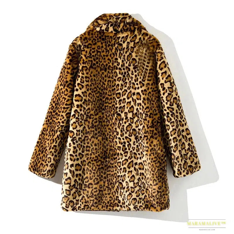 Glamorous Faux Fur Leopard Print Mid-Length Coat with Suit Collar - Fashionable Clubwear Outerwear