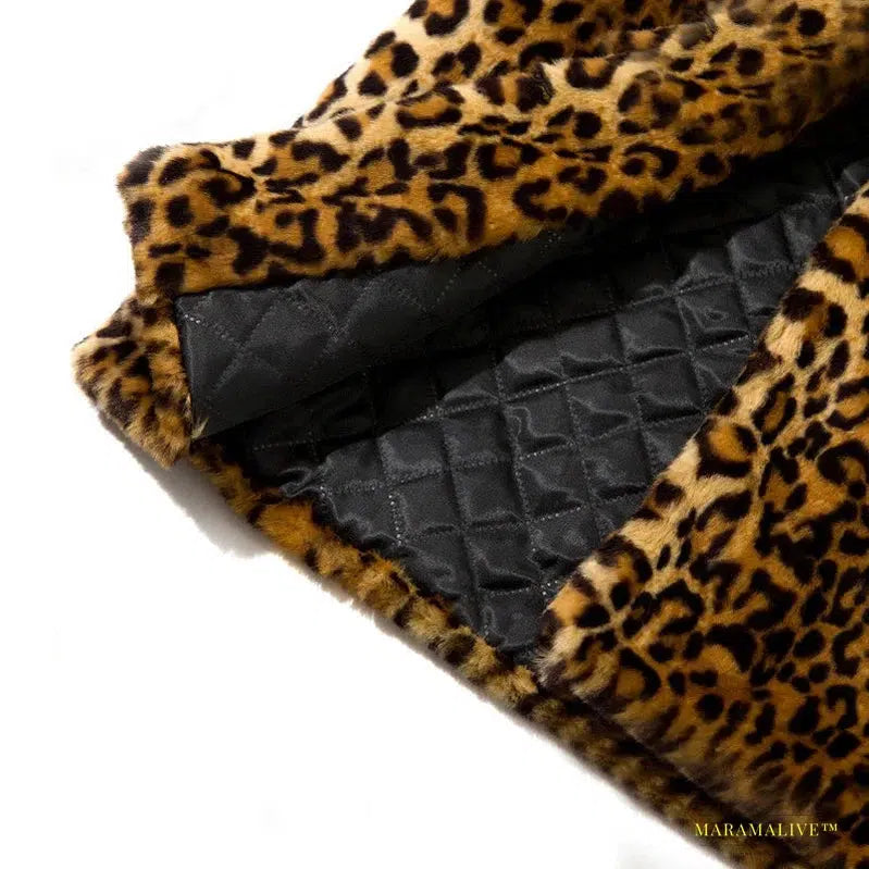 Glamorous Faux Fur Leopard Print Mid-Length Coat with Suit Collar - Fashionable Clubwear Outerwear