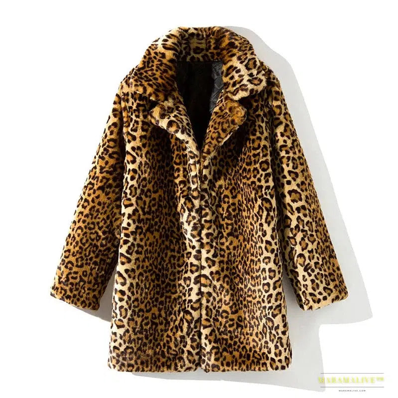 Glamorous Faux Fur Leopard Print Mid-Length Coat with Suit Collar - Fashionable Clubwear Outerwear