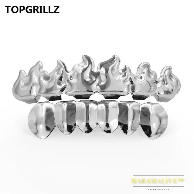 Gold Color Plated HIP HOP Teeth Grillz Flame Leaf Top & Bottom Grill Set With silicone Vampire teeth Christmas Gift