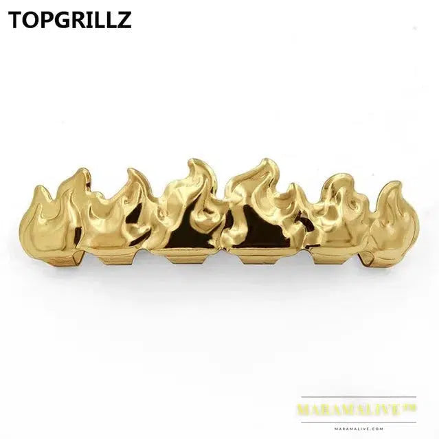 Gold Color Plated HIP HOP Teeth Grillz Flame Leaf Top & Bottom Grill Set With silicone Vampire teeth Christmas Gift