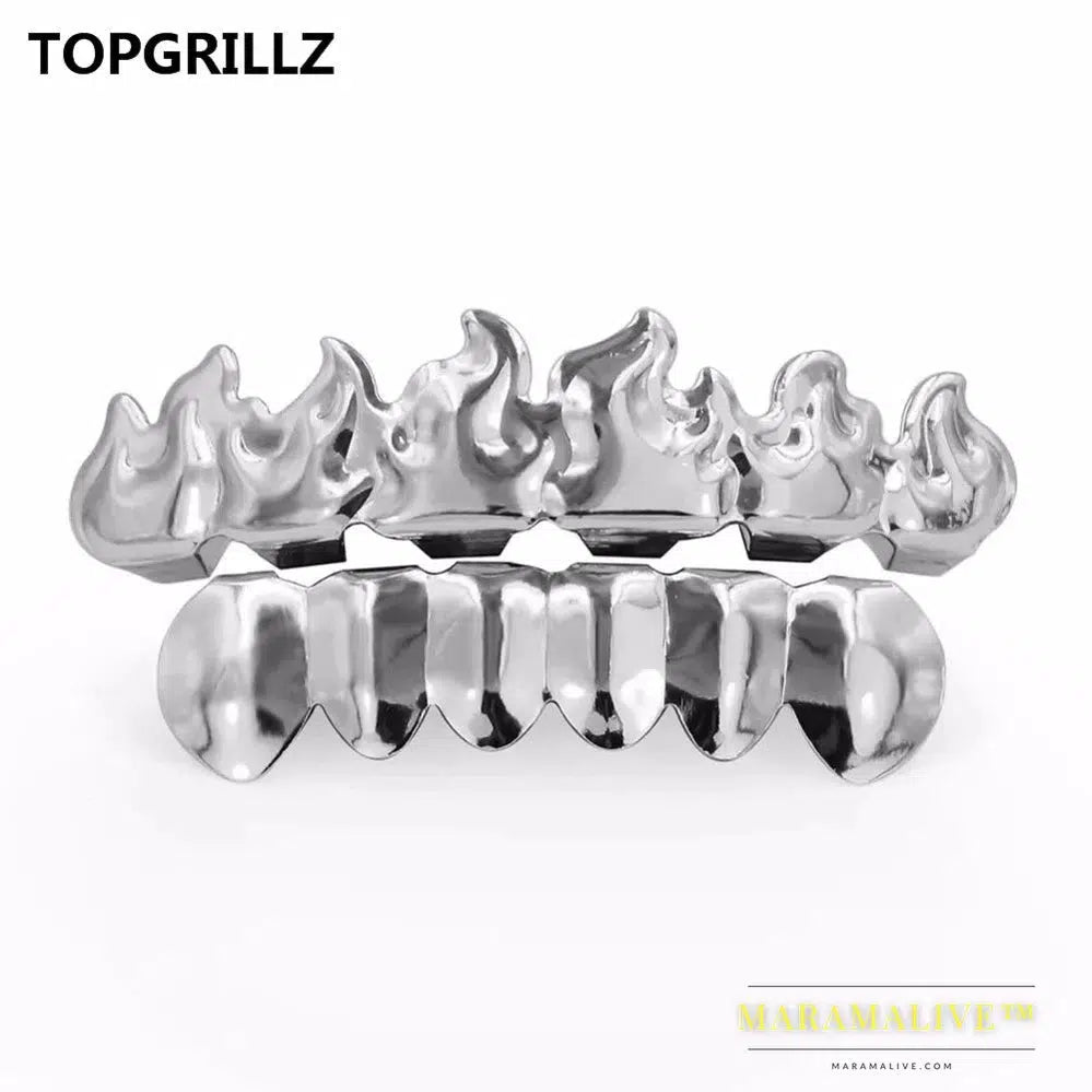 Gold Color Plated HIP HOP Teeth Grillz Flame Leaf Top & Bottom Grill Set With silicone Vampire teeth Christmas Gift