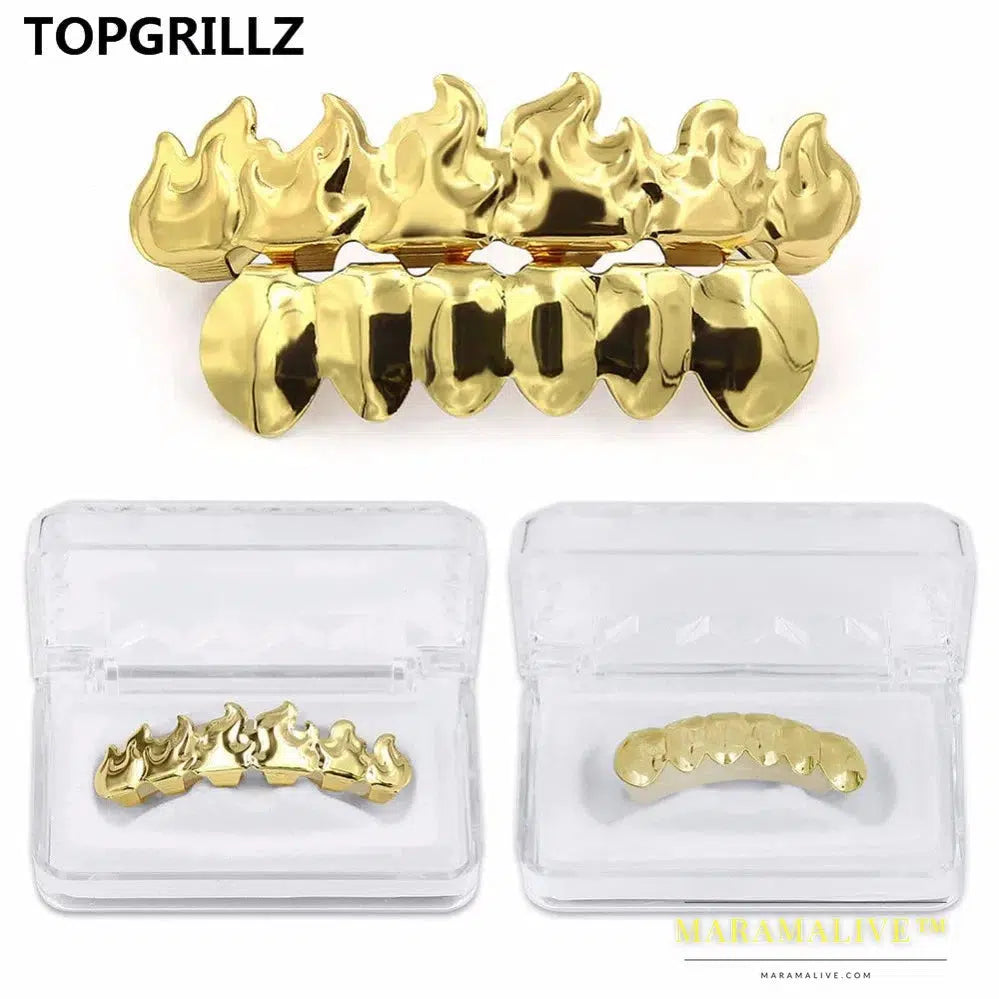 Gold Color Plated HIP HOP Teeth Grillz Flame Leaf Top & Bottom Grill Set With silicone Vampire teeth Christmas Gift