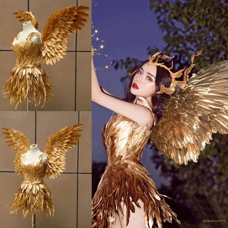 Gold Feather Fairy Wings Party Victorian Dress Sexy Fairy Angel Cosplay Costumes Princess Girl Halloween Costumes