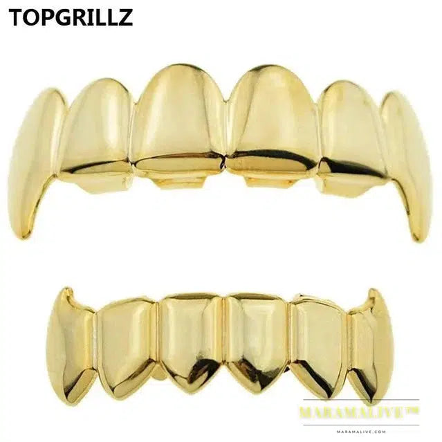 Gold Silver Plated HIP HOP Teeth Grillz Top & Bottom Grills Set With silicone Real Shiny Vampire Tooth Sets