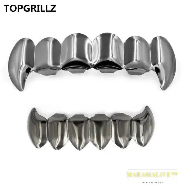 Gold Silver Plated HIP HOP Teeth Grillz Top & Bottom Grills Set With silicone Real Shiny Vampire Tooth Sets